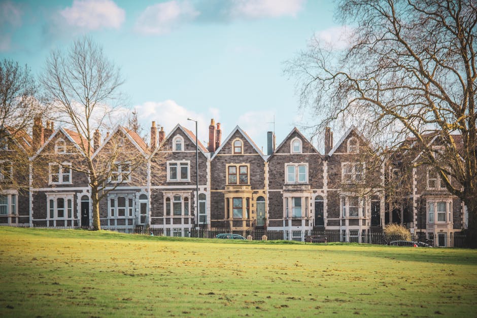 A row of Victorian-style terraced houses built from grey stone with white window frames and decorative trim, set against a clear blue sky. The houses feature gabled roofs with slate tiles, and some have bay windows and small front steps leading to dark-colored doors. In the foreground, there is a well-maintained grassy area with a few leafless trees, suggesting early spring or late autumn. The scene is brightly lit with natural sunlight, highlighting the clean and tidy appearance of the exterior walls, reflecting the importance of surface cleaning and maintenance that Deep Cleaning Finchley offers in the East Finchley cleaning guide for Victorian homes.